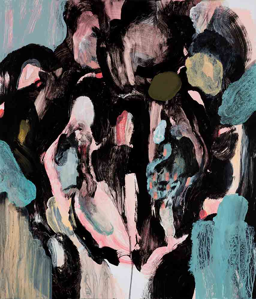 Hatem Imam, <i>Custard Apple Shuffle</i>, 2025. Oil, acrylic, and oil pastel on linen, 27 1/2 x 23 5/8 in (70 x 60 cm)